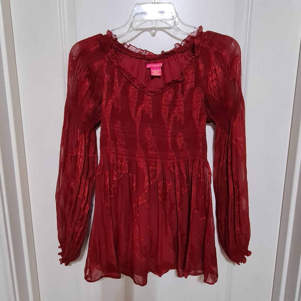 Sunny Leigh Red Smocked Ruched Romantic Top, Small
